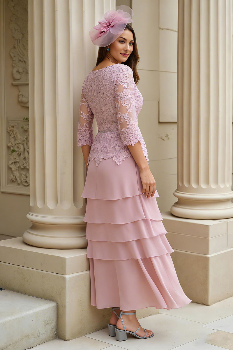 Laden Sie das Bild in den Galerie-Viewer, Blush A-Linie Chiffon Gestuftes Brautmutterkleid in A-Linie mit Spitzenapplikationen