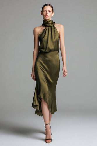 Olive Satin Etui Neckholder Midi Abendkleid