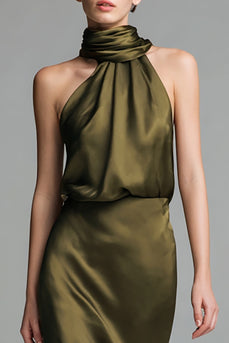 Olive Satin Etui Neckholder Midi Abendkleid