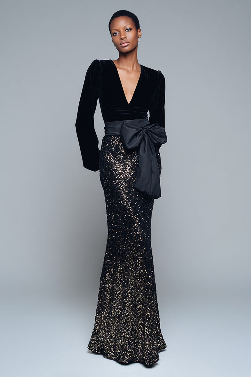 Laden Sie das Bild in den Galerie-Viewer, Glitzerndes Schwarzes Meerjungfrauen Pailletten Langes Ballkleid mit V-Ausschnitt und Schleife