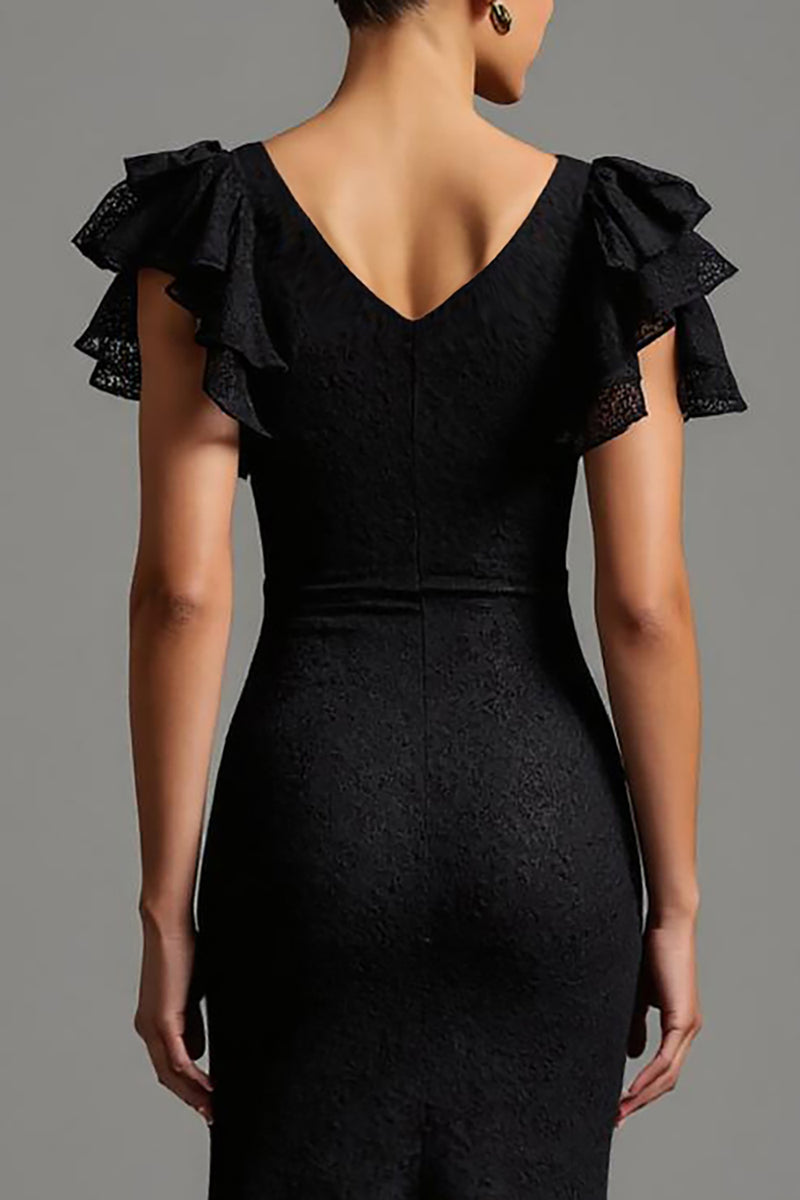 Laden Sie das Bild in den Galerie-Viewer, Schwarzes Meerjungfrauen U-Boot-Ausschnitt Kleid mit  Rüschen und Spitze