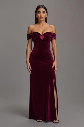 Burgunderrotes Schulterfreies Langes Ballkleid aus Samt mit Schlitz