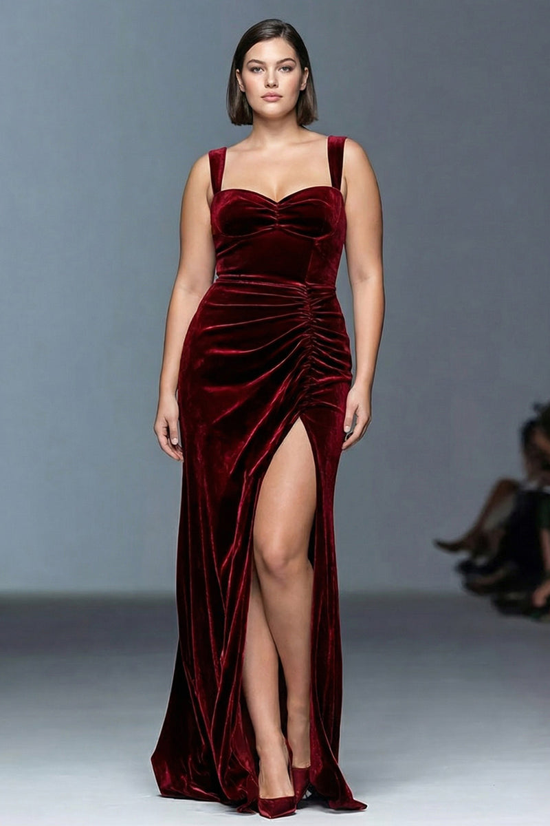 Laden Sie das Bild in den Galerie-Viewer, Burgundy Langes Ballkleid in A-Linie aus Samt mit Rüschen