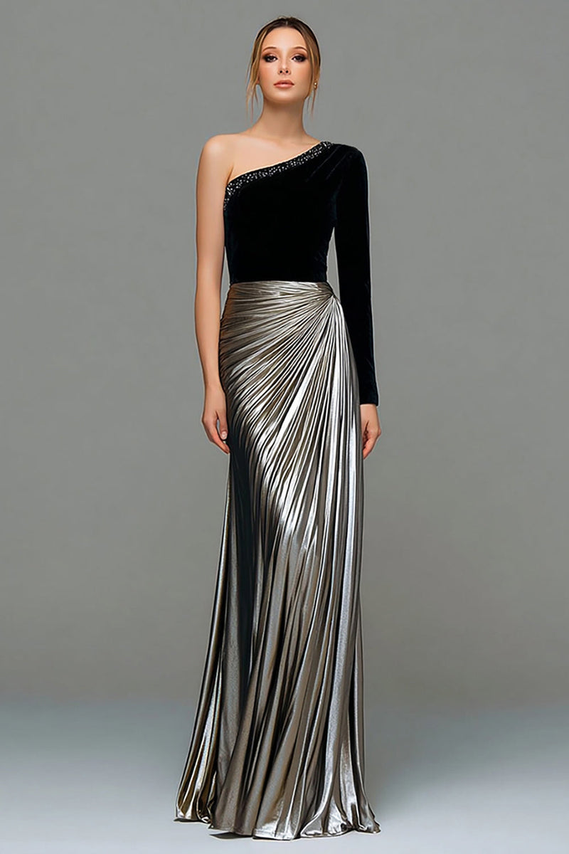 Laden Sie das Bild in den Galerie-Viewer, Schwarzes und Graues A-Linie Ballkleid aus Metallic-Satin mit einer Schulter