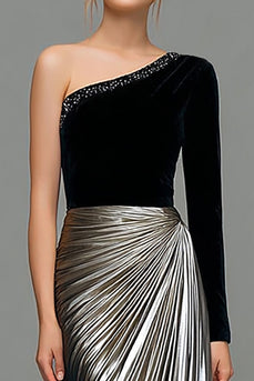 Schwarzes und Graues A-Linie Ballkleid aus Metallic-Satin mit einer Schulter