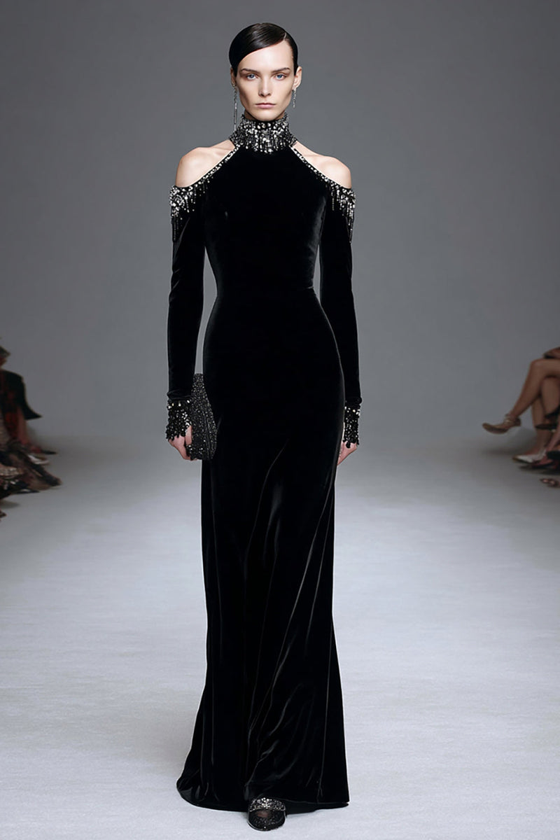 Laden Sie das Bild in den Galerie-Viewer, Samt Schwarzes Abendkleid mit hohem Kragen und langen Ärmeln