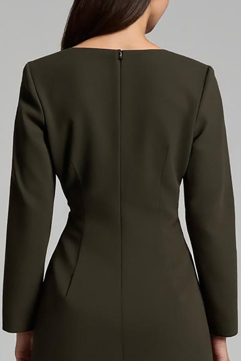 Laden Sie das Bild in den Galerie-Viewer, Dunkelolive Midikleid aus Satin mit U-Boot-Ausschnitt und Ärmeln