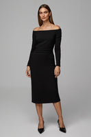 Laden Sie das Bild in den Galerie-Viewer, Schwarzes Schulterfreies Midi Arbeitskleid aus Satin mit Ärmeln