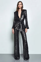 Laden Sie das Bild in den Galerie-Viewer, Glitzernde Schwarze 2-teilige Damen Ballanzüge mit Schärpe