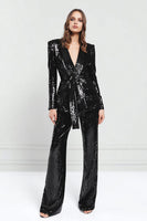 Laden Sie das Bild in den Galerie-Viewer, Glitzernde Schwarze 2-teilige Damen Ballanzüge mit Schärpe