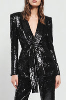 Laden Sie das Bild in den Galerie-Viewer, Glitzernde Schwarze 2-teilige Damen Ballanzüge mit Schärpe