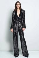 Laden Sie das Bild in den Galerie-Viewer, Glitzernde Schwarze Pailletten 2-teiliges Schal Revers Frauen Ballanzüge