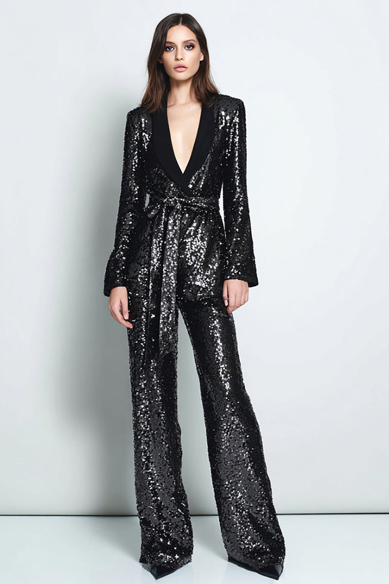 Laden Sie das Bild in den Galerie-Viewer, Glitzernde Schwarze Pailletten 2-teiliges Schal Revers Frauen Ballanzüge