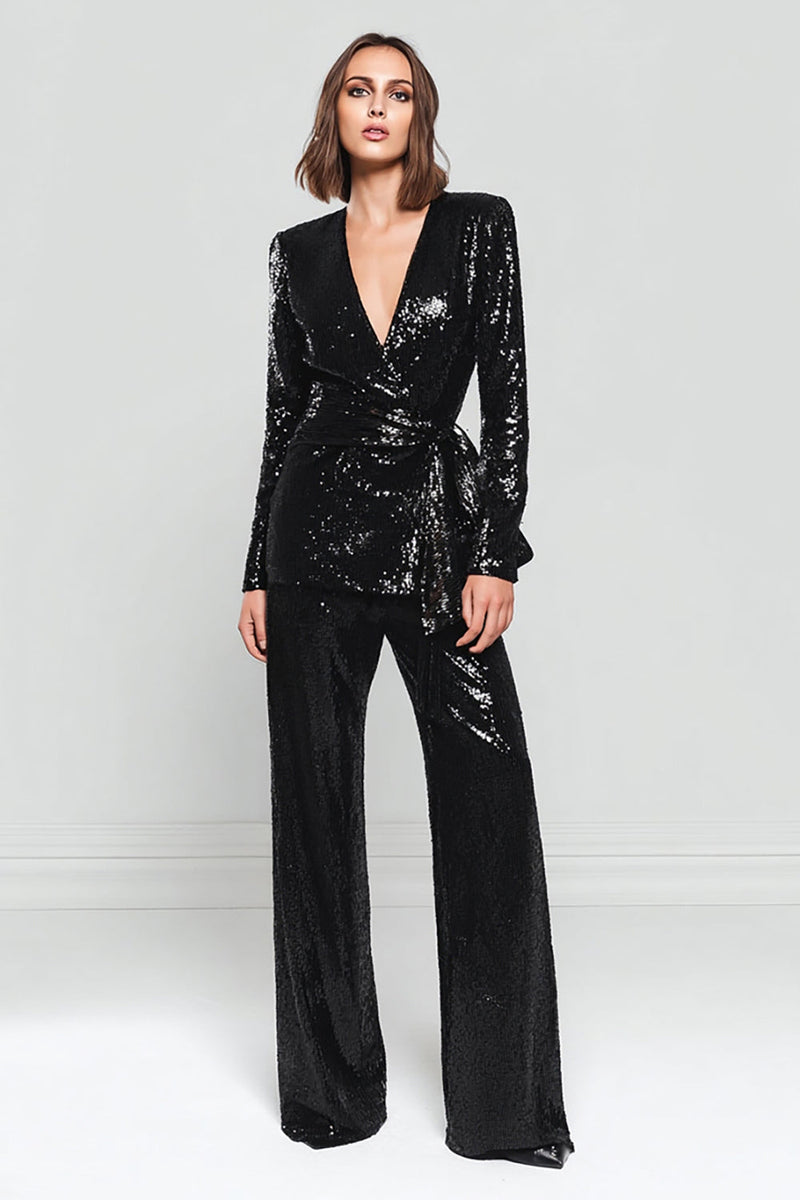 Laden Sie das Bild in den Galerie-Viewer, Glitzernde 2-teilige schwarze Damen Ballanzüge mit Schärpe