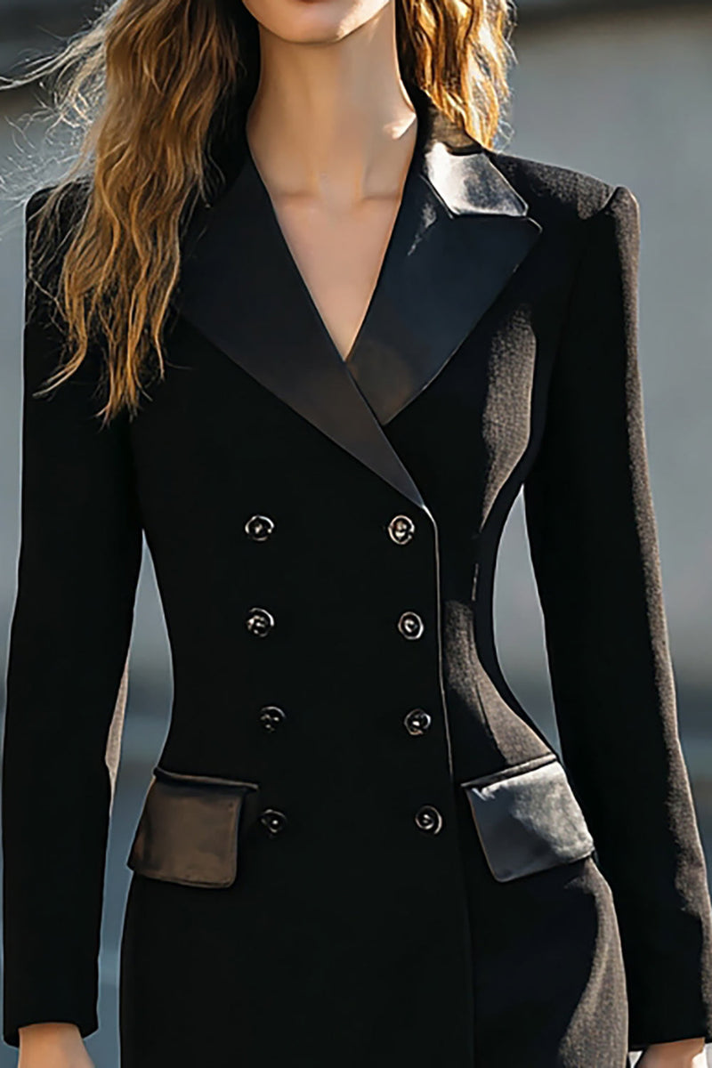 Laden Sie das Bild in den Galerie-Viewer, Schwarzes Zweireihiges Midi Blazerkleid mit Ärmeln