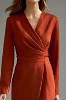 Laden Sie das Bild in den Galerie-Viewer, Rotes Langärmeliges Arbeitskleid mit V-Ausschnitt und Rüschen