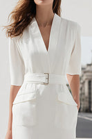 Laden Sie das Bild in den Galerie-Viewer, Elfenbein Etui V-Ausschnitt Arbeitskleid mit halben Ärmeln und Gürtel