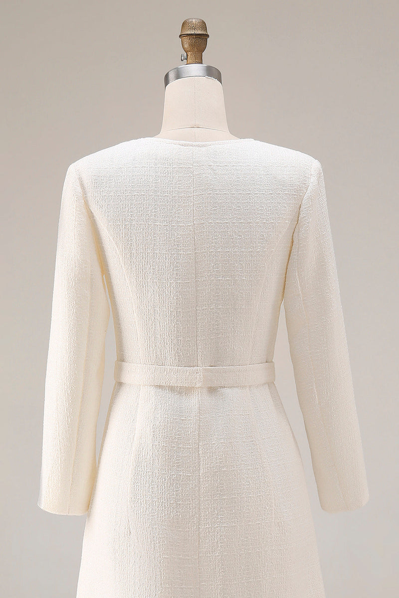 Laden Sie das Bild in den Galerie-Viewer, Elfenbein Scheide Langärmeliges Tweed Midi Arbeitskleid mit Gürtel