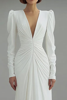 Elfenbein Langärmeliges Gerafftes Etui Brautkleid mit V-Ausschnitt