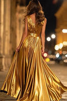 Laden Sie das Bild in den Galerie-Viewer, Metallisches Goldenes V-Ausschnitt A-Linie Langes Ballkleid mit Schlitz
