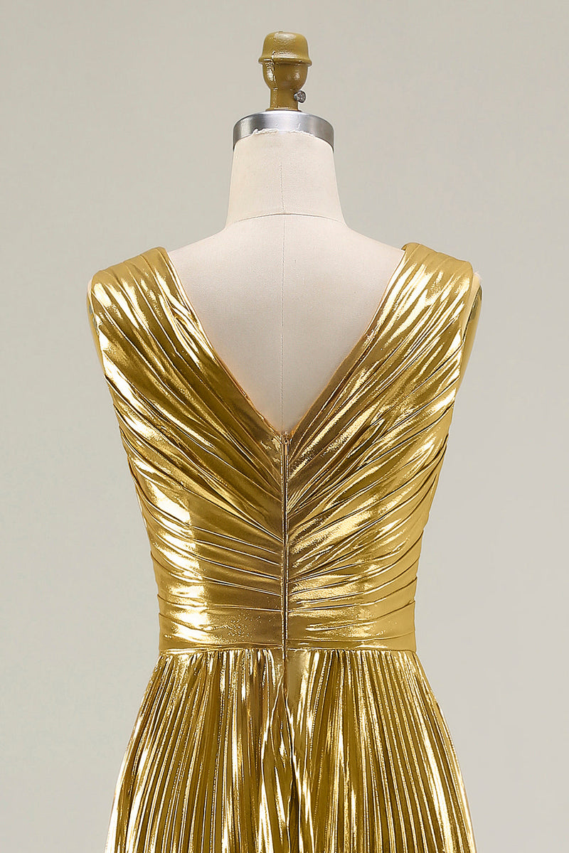 Laden Sie das Bild in den Galerie-Viewer, Goldenes A-Linie Metallic Plissiertes Ballkleid mit V-Ausschnitt