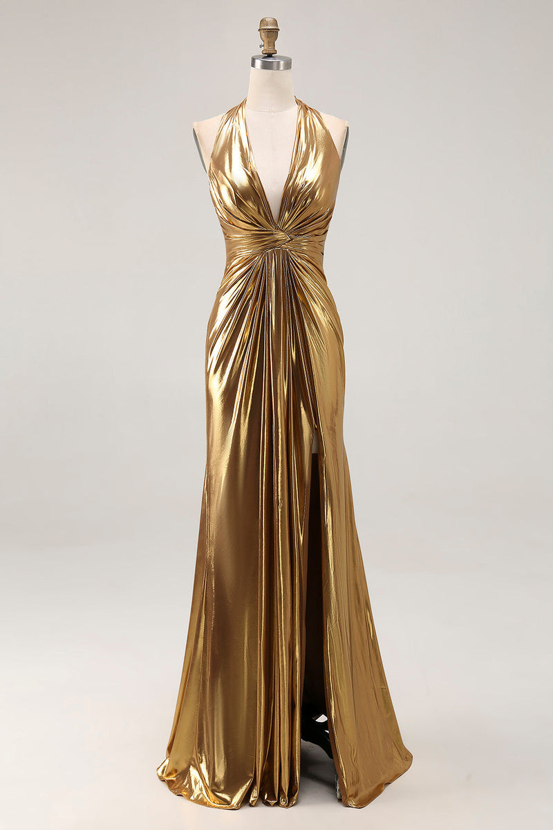 Laden Sie das Bild in den Galerie-Viewer, Goldenes Neckholder Metallic Rüschen Ballkleid mit Schlitz