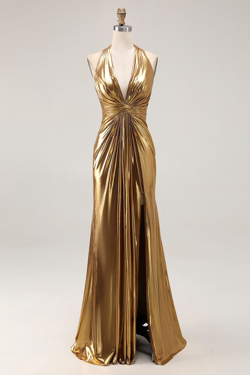 Goldenes Neckholder Metallic Rüschen Ballkleid mit Schlitz