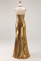 Laden Sie das Bild in den Galerie-Viewer, Goldenes Neckholder Metallic Rüschen Ballkleid mit Schlitz