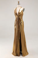 Laden Sie das Bild in den Galerie-Viewer, Goldenes Neckholder Metallic Rüschen Ballkleid mit Schlitz