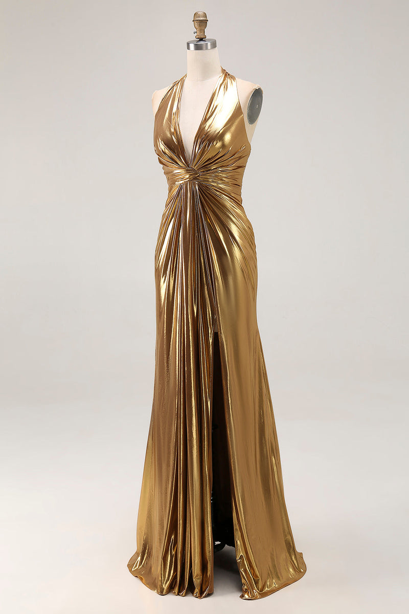 Laden Sie das Bild in den Galerie-Viewer, Goldenes Neckholder Metallic Rüschen Ballkleid mit Schlitz