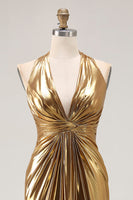 Laden Sie das Bild in den Galerie-Viewer, Goldenes Neckholder Metallic Rüschen Ballkleid mit Schlitz