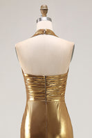 Laden Sie das Bild in den Galerie-Viewer, Goldenes Neckholder Metallic Rüschen Ballkleid mit Schlitz