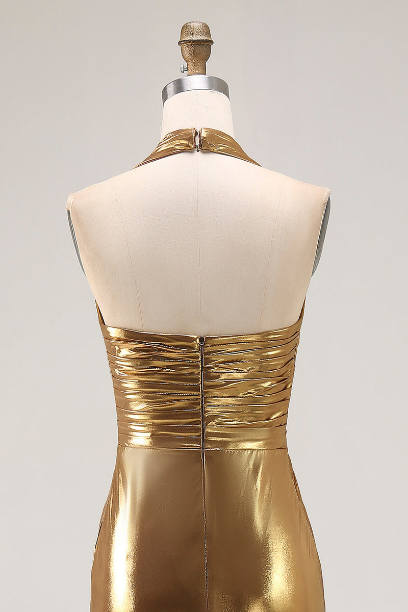 Laden Sie das Bild in den Galerie-Viewer, Goldenes Neckholder Metallic Rüschen Ballkleid mit Schlitz