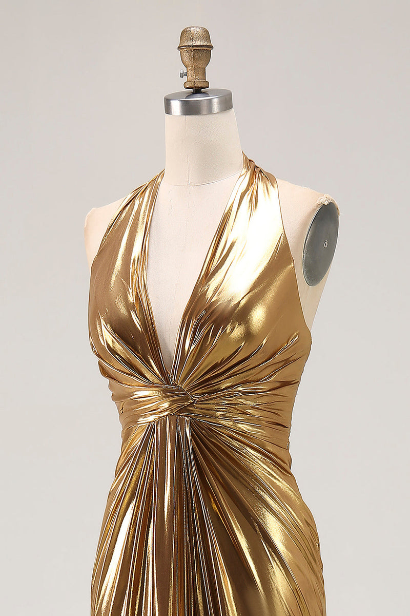 Laden Sie das Bild in den Galerie-Viewer, Goldenes Neckholder Metallic Rüschen Ballkleid mit Schlitz