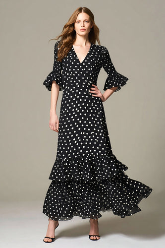 Schwarz-Weißes Gepunktetes Langes Ballkleid mit Rüschen und Ärmeln