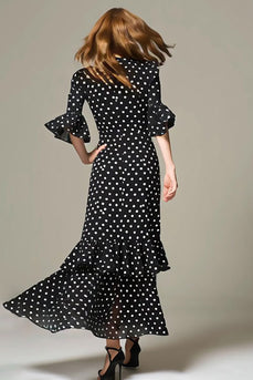 Schwarz-Weißes Gepunktetes Langes Ballkleid mit Rüschen und Ärmeln