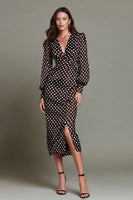 Laden Sie das Bild in den Galerie-Viewer, Dunkelbraunes Figurbetontes V-Ausschnitt Partykleid mit weißem Punkt und Schlitz