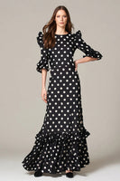 Laden Sie das Bild in den Galerie-Viewer, Schwarz-Weißes A-Linie Chiffon Polka-Dots Partykleid mit Rüschen