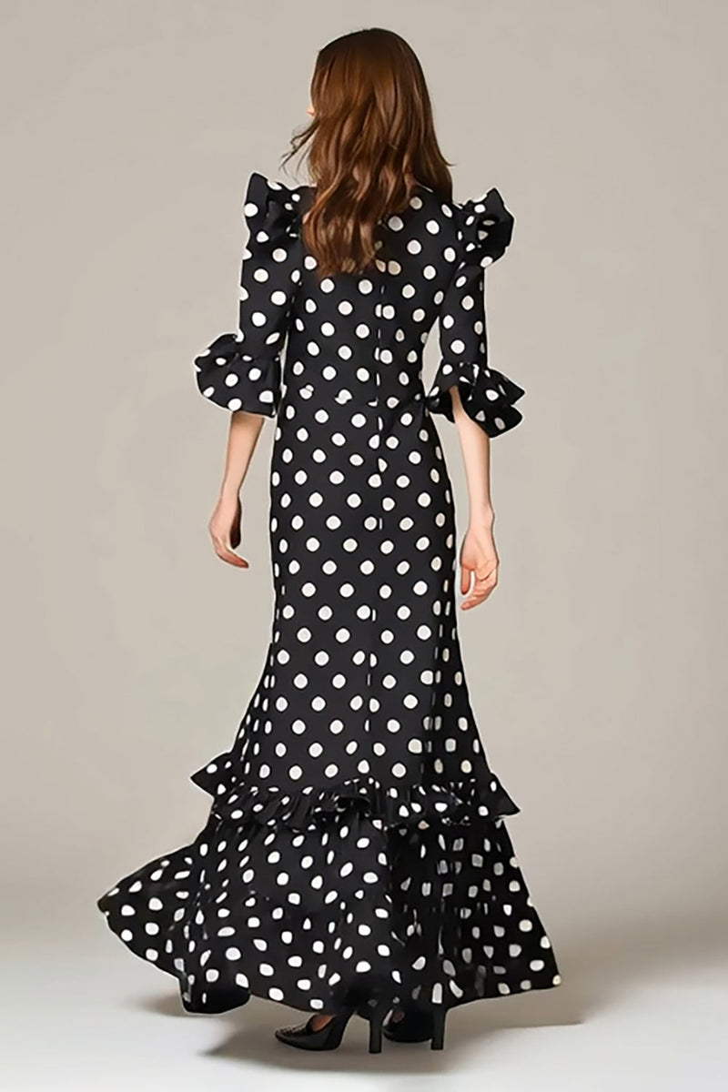 Laden Sie das Bild in den Galerie-Viewer, Schwarz-Weißes A-Linie Chiffon Polka-Dots Partykleid mit Rüschen