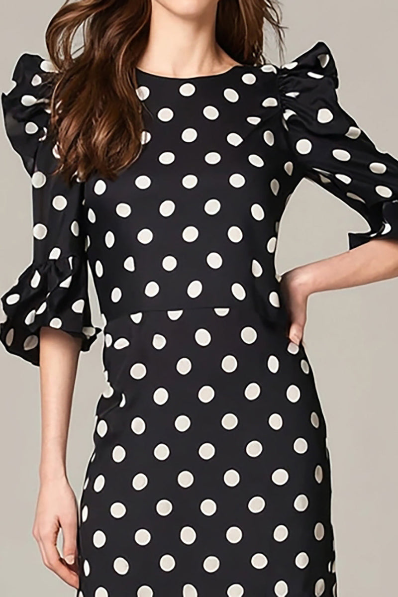 Laden Sie das Bild in den Galerie-Viewer, Schwarz-Weißes A-Linie Chiffon Polka-Dots Partykleid mit Rüschen