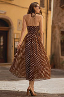 Laden Sie das Bild in den Galerie-Viewer, Braunes Chiffon A-Linie Neckholder Partykleid mit gepunkteten Tupfen in Teelänge