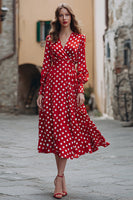 Laden Sie das Bild in den Galerie-Viewer, Rotes und Weißes Chiffon Polka Dots Partykleid mit V-Ausschnitt und langen Ärmeln