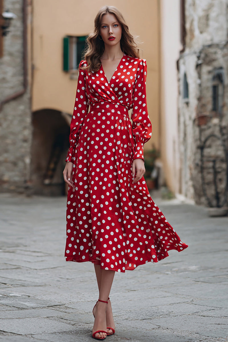 Laden Sie das Bild in den Galerie-Viewer, Rotes und Weißes Chiffon Polka Dots Partykleid mit V-Ausschnitt und langen Ärmeln