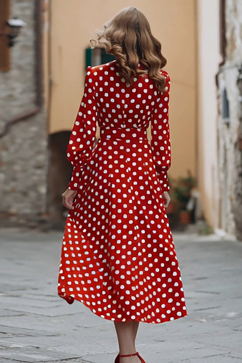 Laden Sie das Bild in den Galerie-Viewer, Rotes und Weißes Chiffon Polka Dots Partykleid mit V-Ausschnitt und langen Ärmeln