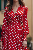 Laden Sie das Bild in den Galerie-Viewer, Rotes und Weißes Chiffon Polka Dots Partykleid mit V-Ausschnitt und langen Ärmeln