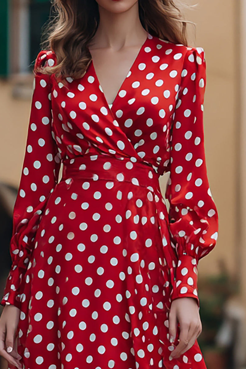 Laden Sie das Bild in den Galerie-Viewer, Rotes und Weißes Chiffon Polka Dots Partykleid mit V-Ausschnitt und langen Ärmeln