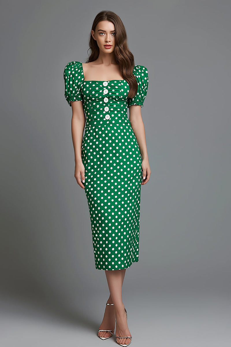 Laden Sie das Bild in den Galerie-Viewer, Grünes Satin Etui Teelanges Polka Dots Kleid mit quadratischem Ausschnitt