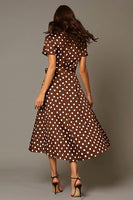 Laden Sie das Bild in den Galerie-Viewer, Braunes Teelanges A-Linie Satin Polka Dots Partykleid mit V-Ausschnitt