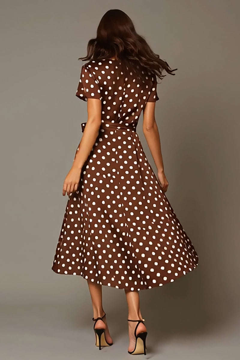 Laden Sie das Bild in den Galerie-Viewer, Braunes Teelanges A-Linie Satin Polka Dots Partykleid mit V-Ausschnitt