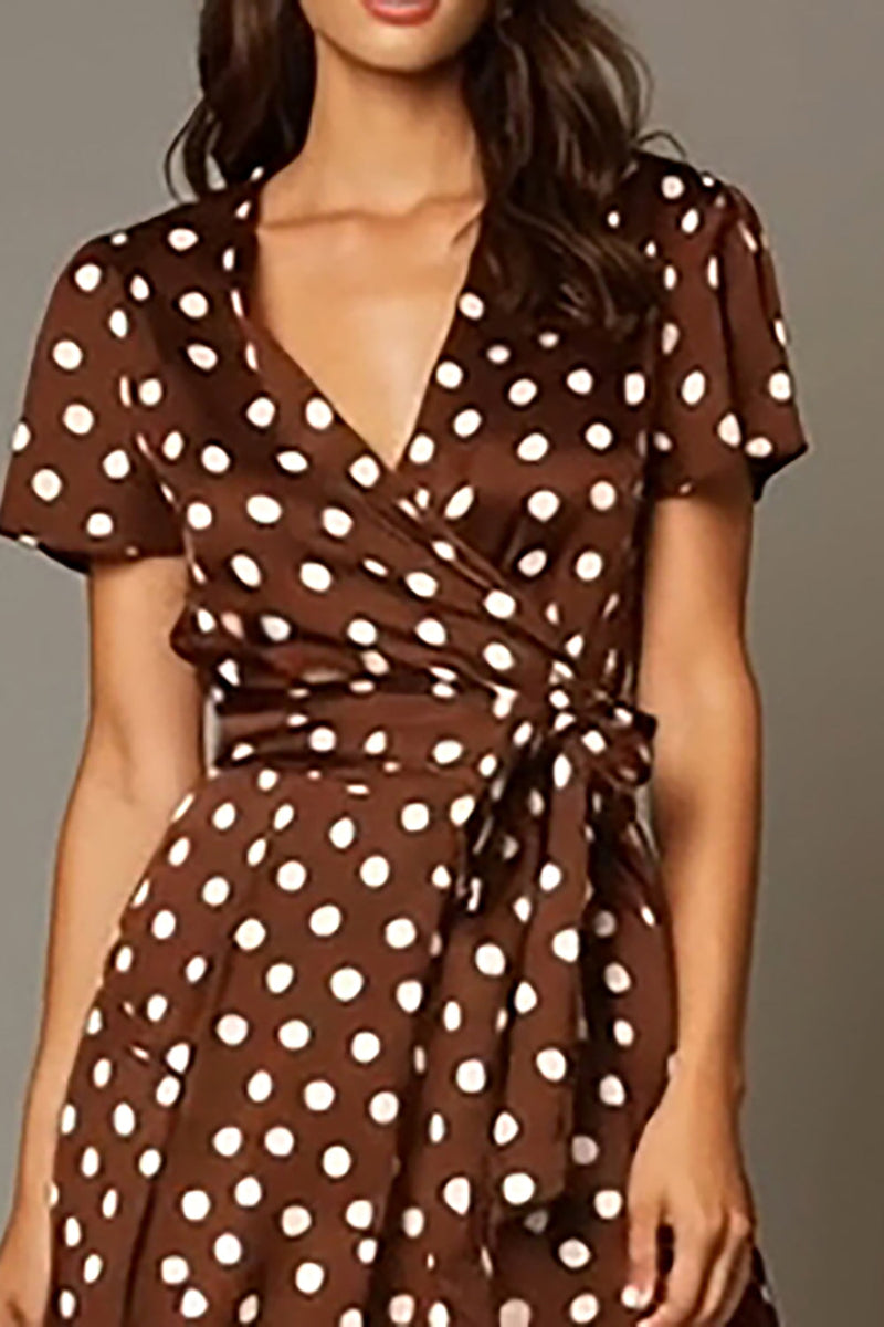 Laden Sie das Bild in den Galerie-Viewer, Braunes Teelanges A-Linie Satin Polka Dots Partykleid mit V-Ausschnitt